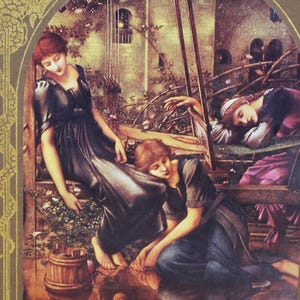 May include: An illustration from "The Enchanted World" featuring three women in dark dresses. The scene includes a wooden structure, a barrel, and the text "Spells and Bindings". The artwork has a vintage, classical style.