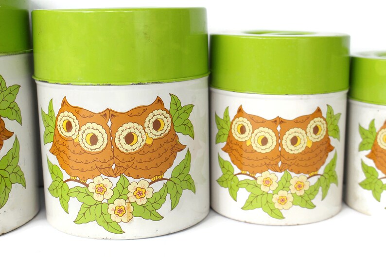 4 Vintage Owl Tin Canisters / Owl Kitchen Canister Set With Etsy