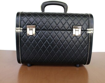 Vintage Black Suitcase / Mid Century Overnight Case / Quilted Leather Case