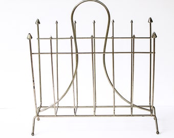 Mid Century Modern Magazine Rack / Atomic Wire Mid Century Modern Newspaper Rack / Silver Mod Record Holder / Silver Magazine Rack Points