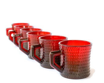 Coffee Mug Glassware One Ruby Red Glass Textured Hobnail Bubble Flat Cup s 