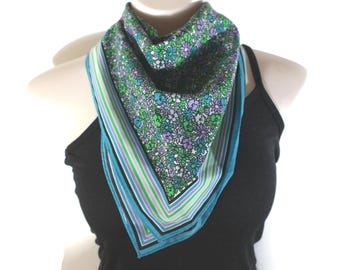 Vintage Floral Polyester Scarf / Green, Blue, Purple Flower Print Bandana Scarf