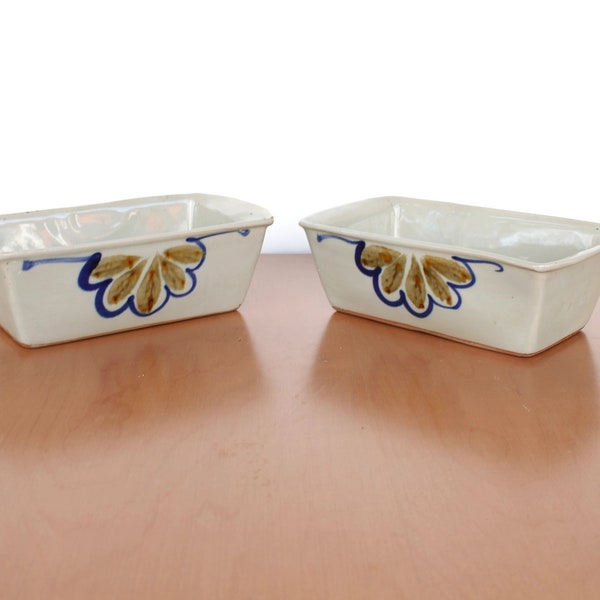 2 Vintage Ceramic Stoneware Loaf Pans / Handpainted Ceramic Bread Pans / Vintage Pottery Loaf Pans