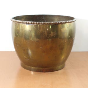 Mid Century Brass Planter: Large Solid Brass Cachepot with Braided Rim
