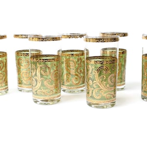 Vintage Culver Toledo Highball Glasses: Green & Gold Swirls, Set of 7