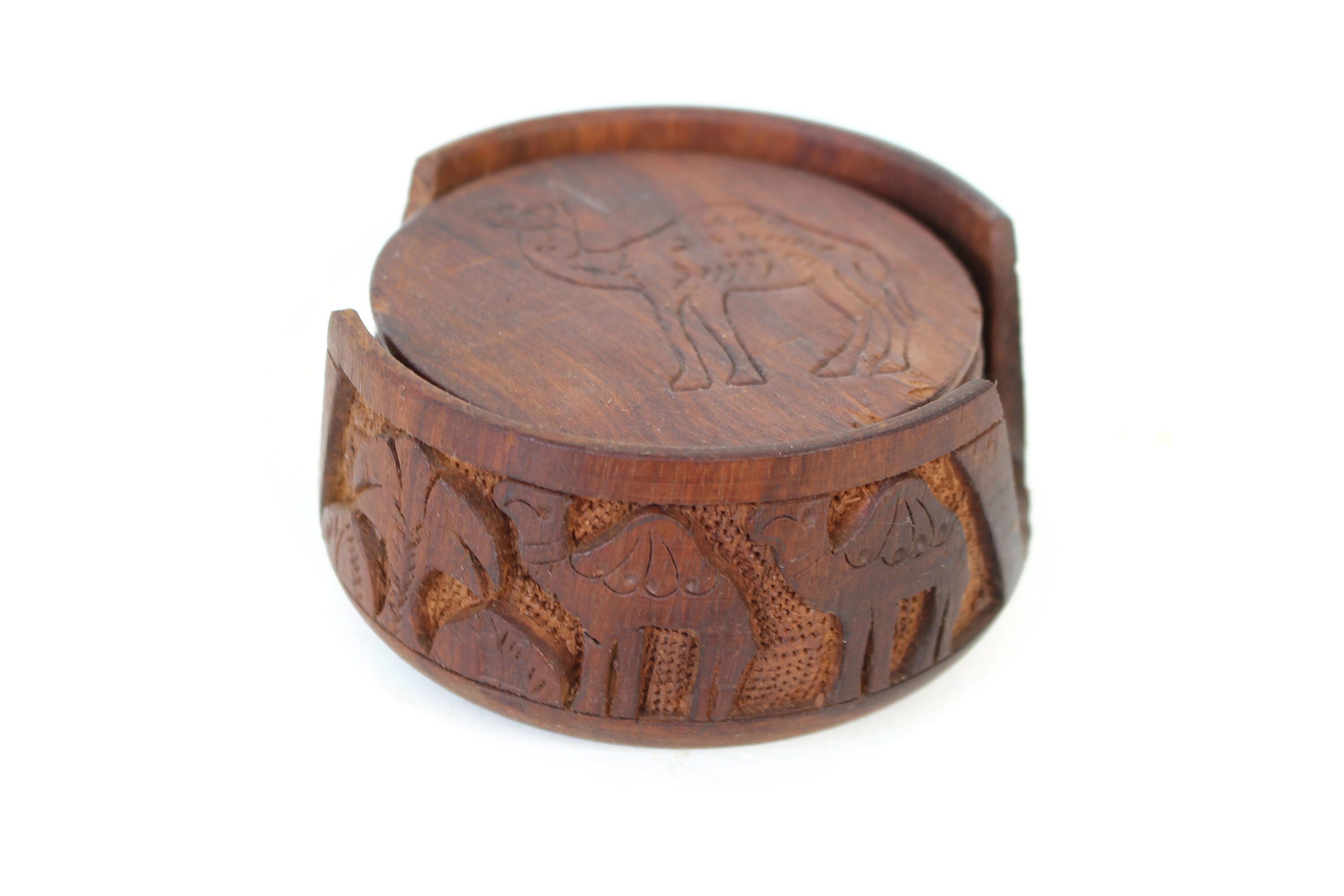 木彫りラクダコースター / 木製コースターセット / ヴィンテージラクダ