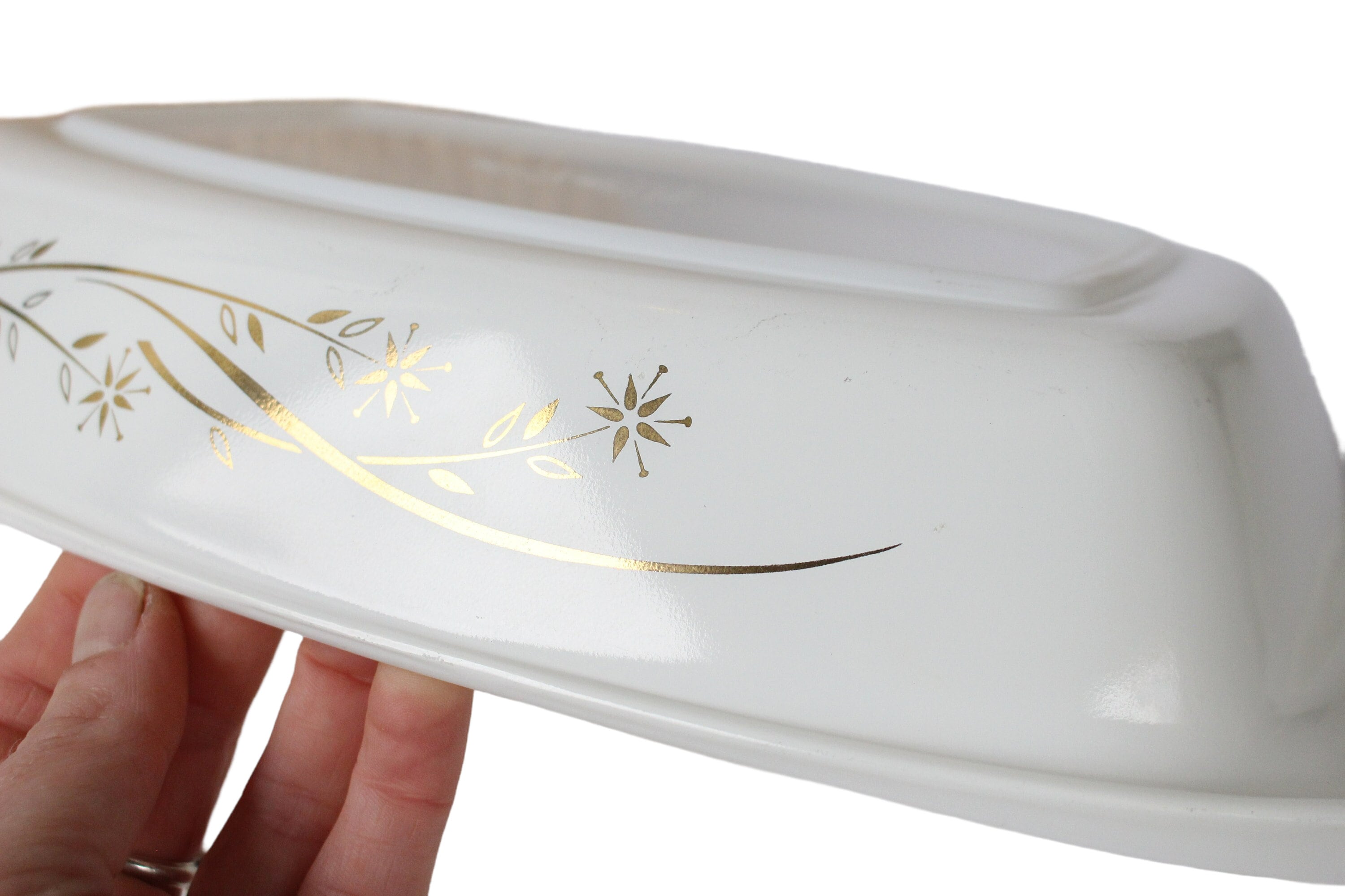 Vintage Pyrex Casserole Dish: Golden Honeysuckle White Gold Leaf