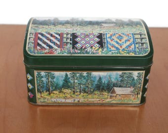 Vintage Tin Box / Box With Log House and Flower Meadow / Vintage Metal Gift Box  / Keepsake box