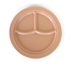 May include: A light brown divided plate with three sections. The plate is made of plastic and has a smooth surface.