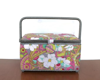 Vintage Sewing Box / Pink Floral Fabric Sewing Box With Handle / 1970s Sewing Organizer