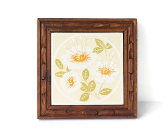 Framed Italian Tile Trivet: Floral Ceramic Hot Plate