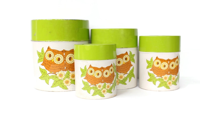 4 Vintage Owl Tin Canisters / Owl Kitchen Canister Set With Etsy
