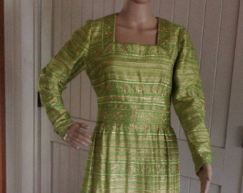 Vintage 1960/70's Longe Evening , Party , or Holiday Gown in Metallic Gold and Green Print