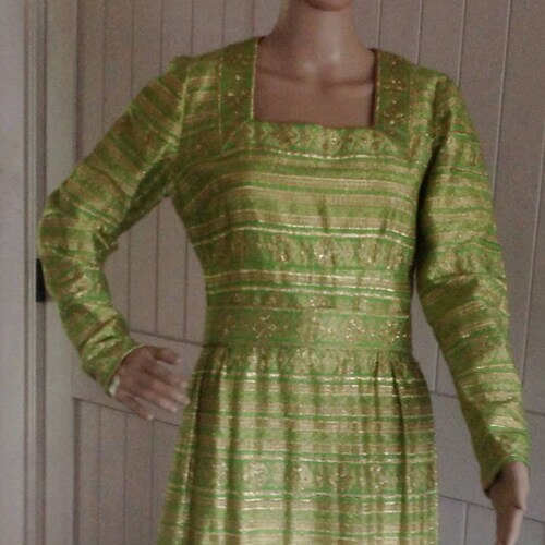 Vintage 1960/70's Longe Evening , Party , or Holiday Gown in shops Metallic Gold and Green Print