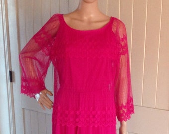 Vintage 1980's maxi dress completely in Lace in dark Pink .