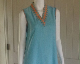 Vintage B Cohen 1970's Turquoise Blue Maxi Dress , with  turquoise ,tan and orange trim .