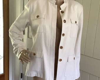 Jaqueta Safari Doncaster Vintage 100% Seda Marfim | Blazer de Quatro Bolsos com Botões Tartaruga