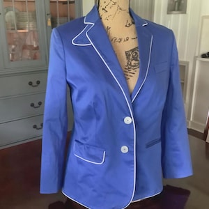 Clover Canyon Blue Blazer - Size 4 Women’s Jacket with White Piping, Convertible Collar, Retro Mod Style