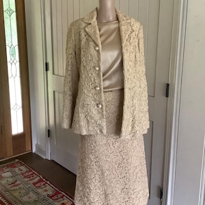 Vintage 3-Piece Suit by Cathryn Young | Ivory Embroidered Skirt Suit with Satin Blouse