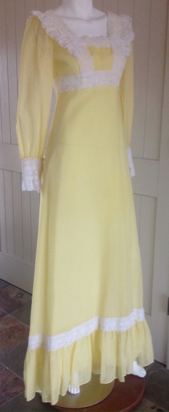 Vintage 1970's long Victorian style Dress Soft Yel