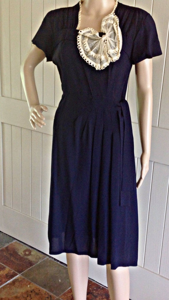1940's Navy Blue Crepe Dress with Lace Bow .