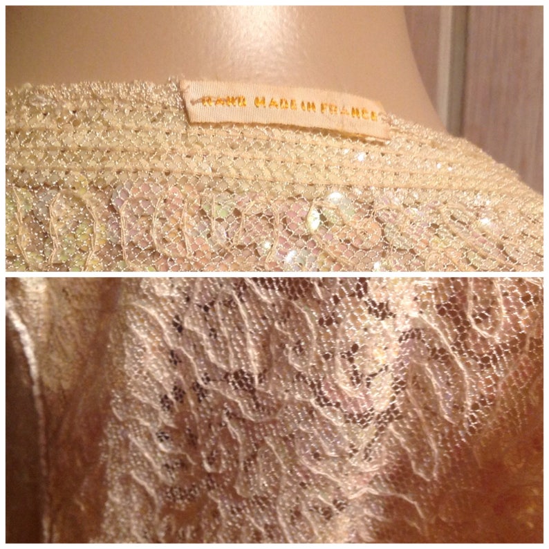 192030 Hand Made in France Evening sweater Top Pastel Color Sequins on Lace