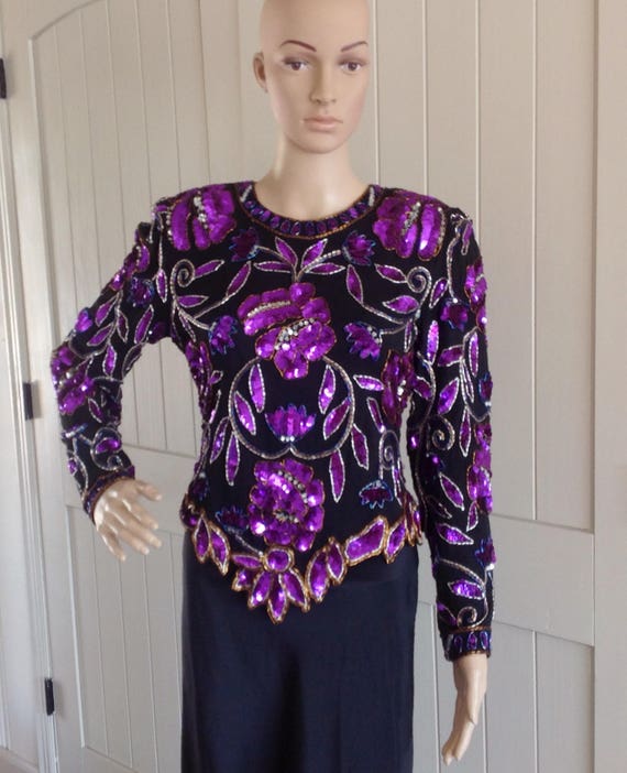 Vintage Silk Purple Beaded and Sequins Blouse or T