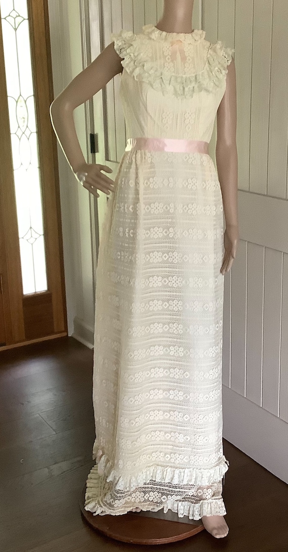 Vintage 1970’s Prairie Lace Long Ecru Dress .