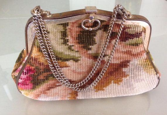 Vintage Tapestry , Suede  trim Purse with Gold cl… - image 1