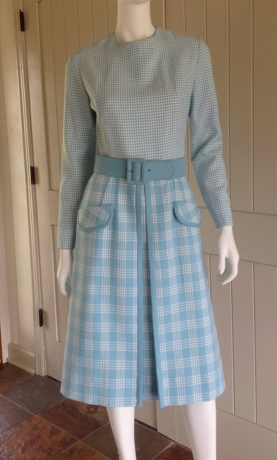 blue and white check dress