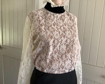 Vintage Cream Color,Lace,High Collar,Longe sleeves Blouse