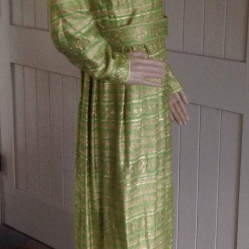 Vintage 1960/70's Longe Evening , Party , or Holiday Gown in shops Metallic Gold and Green Print