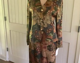 tailleur jupe en soie Doncaster vintage des années 80 | Imprimé floral baroque | Taille 6 | Blazer Power et jupe crayon | Tenues de soirée d'automne