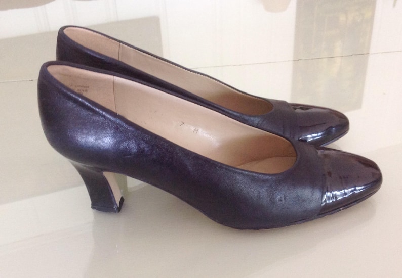 Vintage Etienne Aigner Classic Black Pumps With Patent Leather Toes and ...