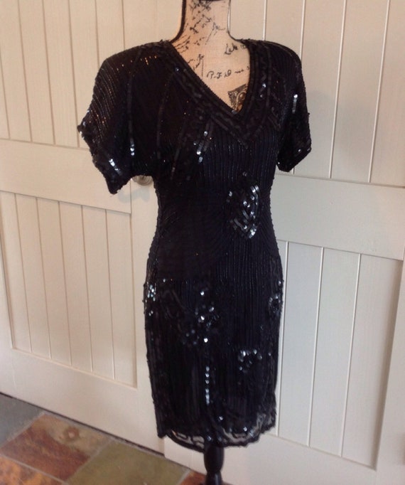 Vintage 1980's Black Sequin , Beaded Silk Party D… - image 1