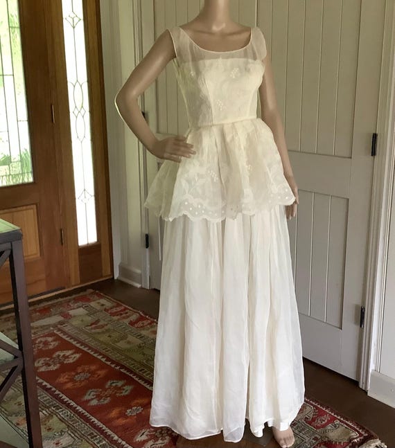 Rare 1950s Ceil Chapman Ivory Gown – Illusion Neckline, Peplum