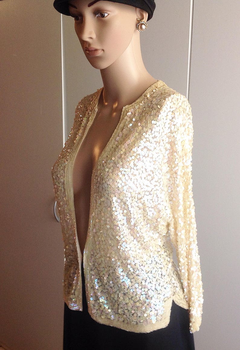 192030 Hand Made in France Evening sweater Top Pastel Color Sequins on Lace