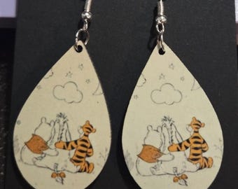 Winnie the Pooh Earrings, Teardrop Wood Dangle Jewelry, Hypoallergenic Titanium