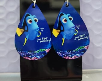 Finding Nemo Dangle Earrings, Teardrop Wood, Handmade, Hypoallergenic