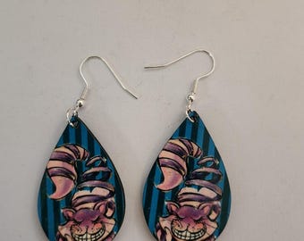 Cheshire Cat Earrings, Alice in Wonderland, Teardrop Wood Dangles