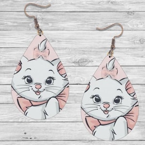 Aristocats Earrings,  Marie Cat Teardrop Wood Earrings, Dangle Earrings, Handmade Jewelry, Hypoallergenic Clip On, Titanium Variety of Style