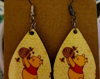 Winnie the Pooh Earrings, Teardrop Wood Dangles, Handmade Titanium Hooks