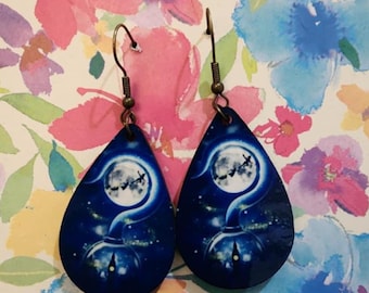 Peter Pan Wood Teardrop Earrings, Handmade Dangle Earrings, Hypoallergenic Titanium