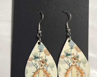Piglet & Tigger Earrings, Teardrop Wood Dangle, Hypoallergenic