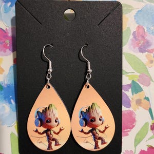 Groot Wood Earrings, Teardrop Dangle Earrings, Handmade Jewelry