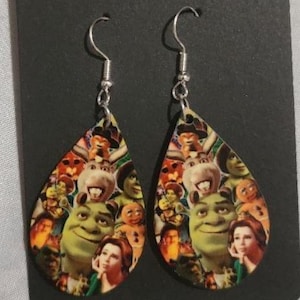 Shrek Earrings Teardrop Wood Earrings, Dangle Earrings, Handmade Jewelry, Hypoallergenic Clip On, Titanium: Variety of Styles
