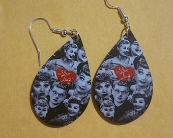 I Love Lucy-druppeloorbellen, handgemaakte houten hangsieraden