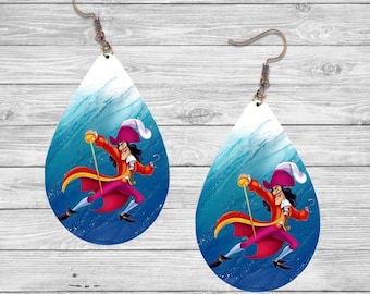 Captain Hook: Peter Pan Villian Wooden Teardrop Earrings, Hypoallergenic Titanium Hooks