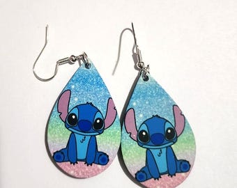 Stitch Teardrop Ohrringe, handgefertigte Holzohrringe, hypoallergene Titanium Option