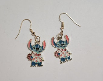 Stitch Dangle Earrings: Enamel Cartoon Character, Nickel Free